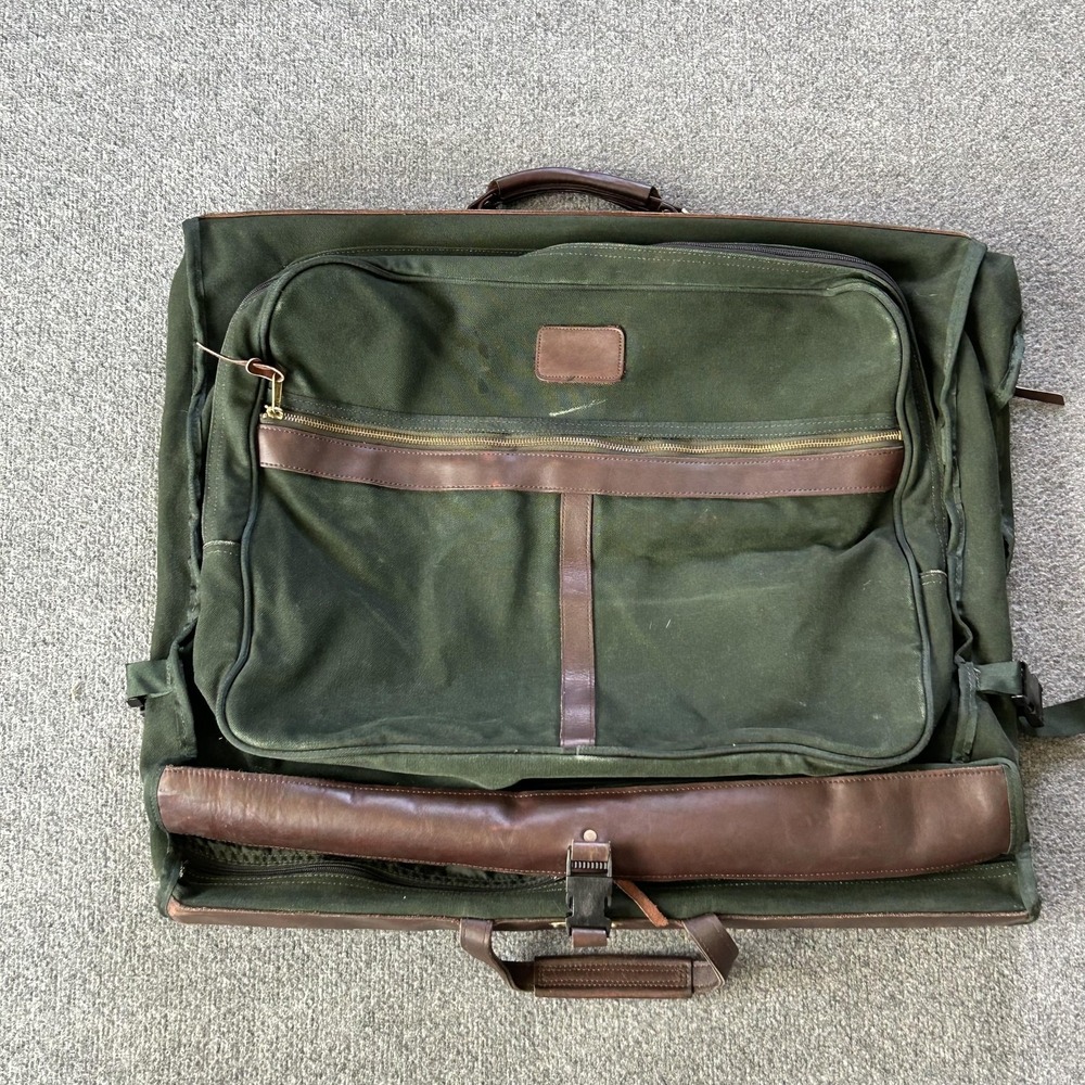 Orvis Garment Bag Green Canvas Leather Soft Case Travel Suit Carrier Vintage